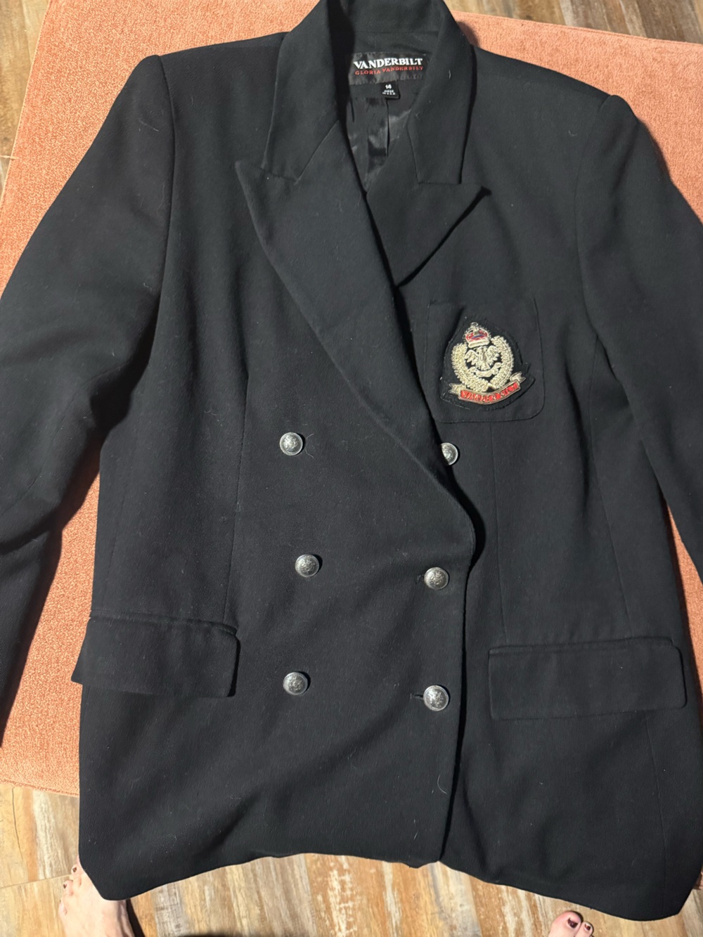 Vintage Gloria Vanderbilt Black Double-Breasted Pea Coat with Embroidered Crest